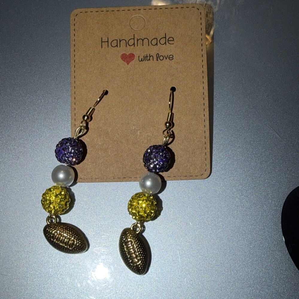 Football Earrings With Backs Oxidized Shiny Gold Finish Play Ball New Handmade